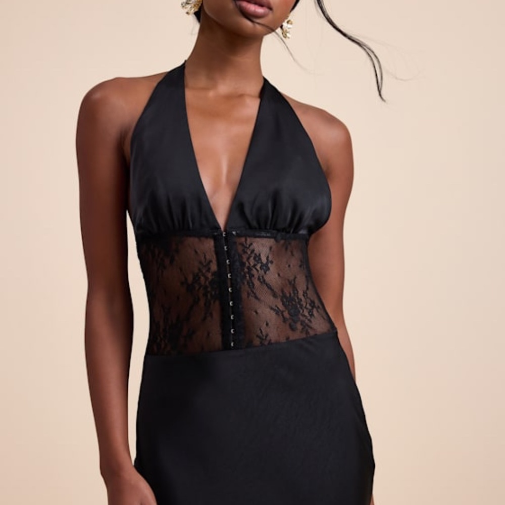 Lulus Lennon Black Satin Lace Halter Maxi Dress - Size S